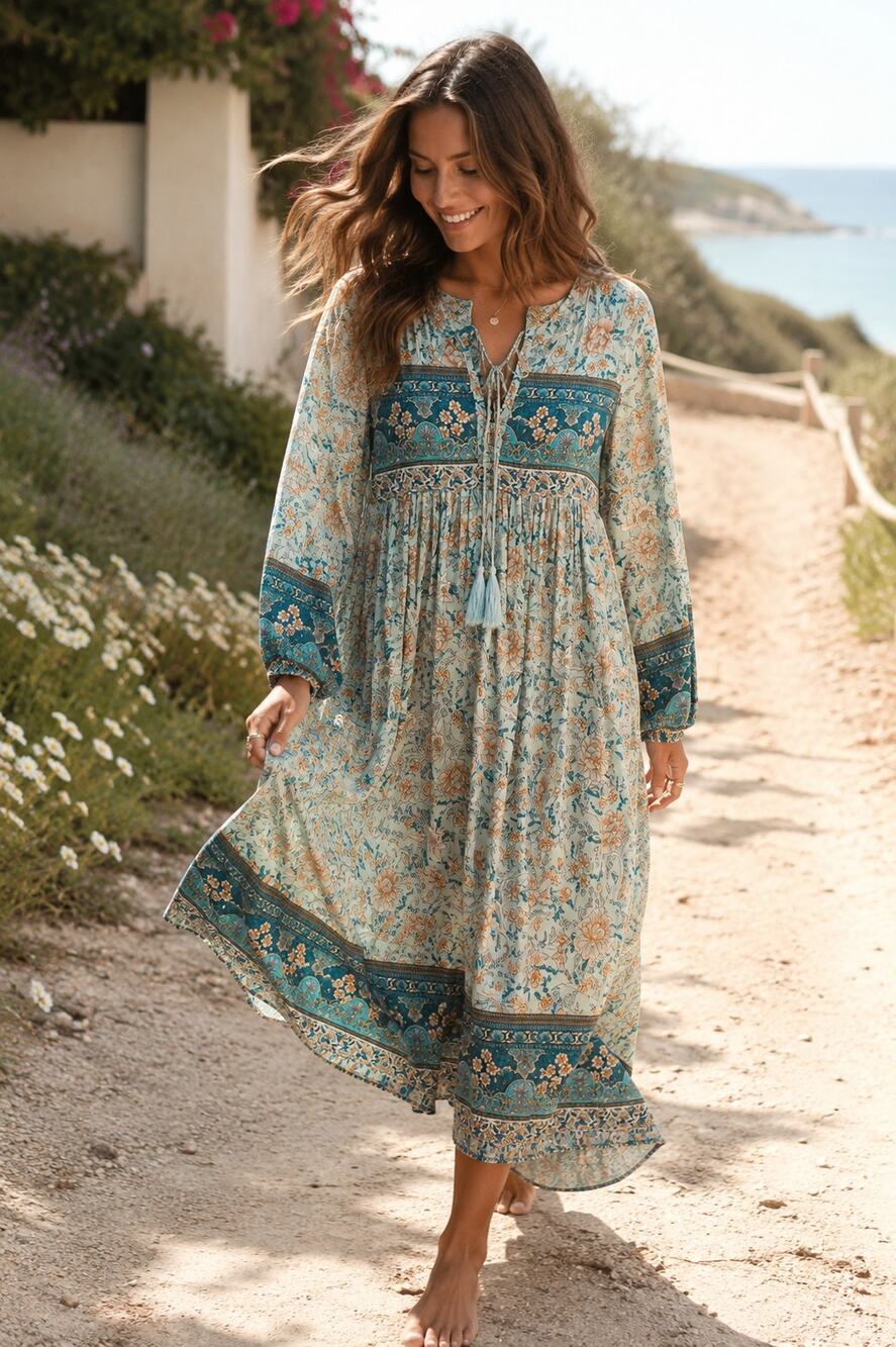 R. Vivimos Turquoise Floral Boho Midi Dress Tassel Neck Large 12/14